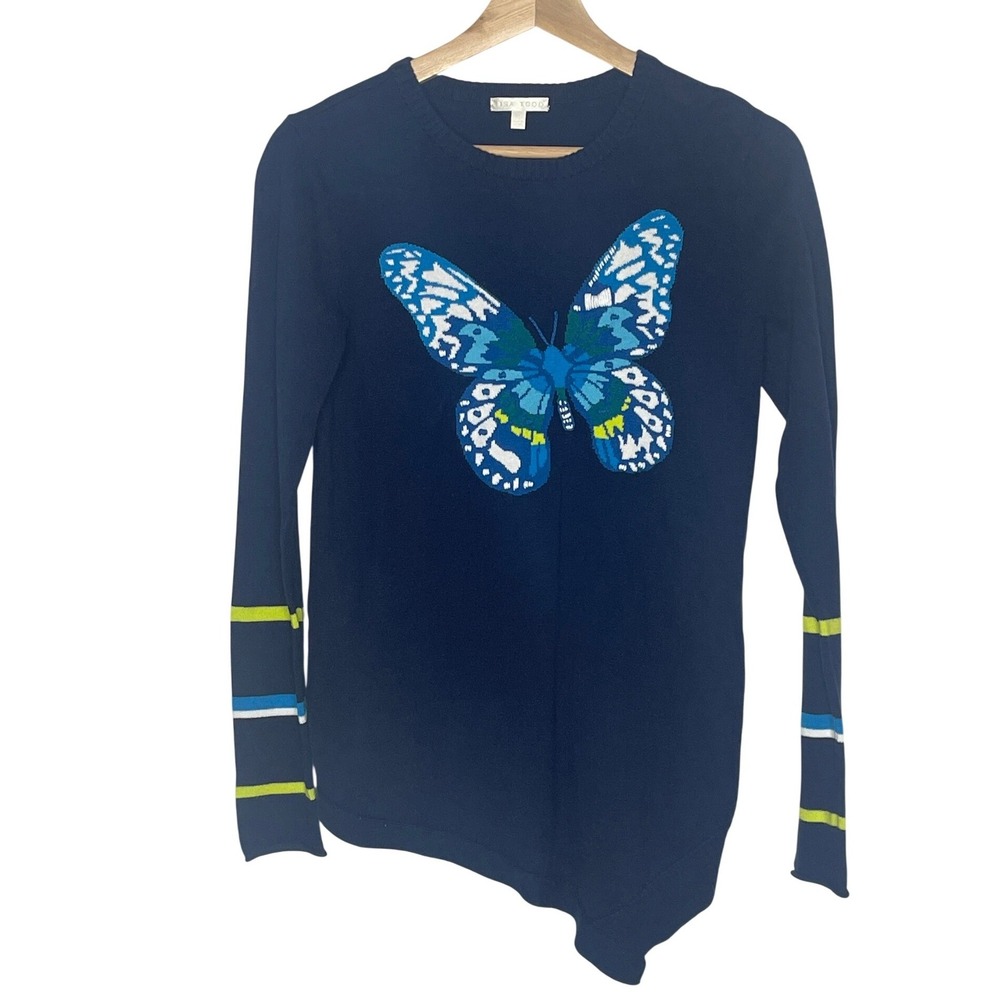 Lisa Todd Womens Navy Blue Butterfly Intarsia Cotton Asymmetrical Sweater XS